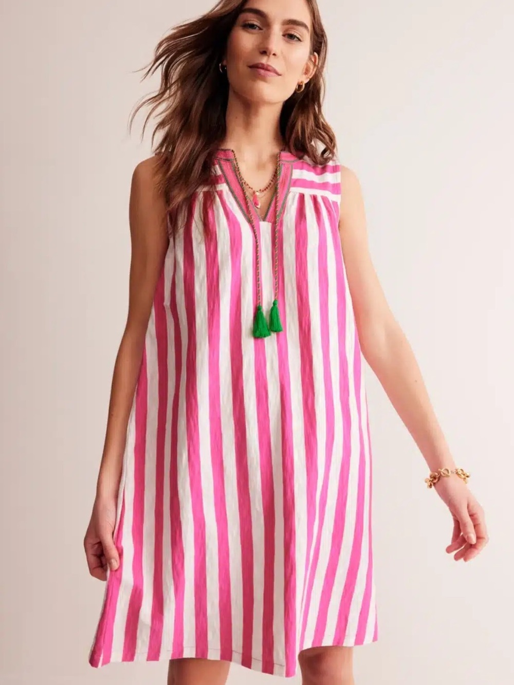 Boden Pink & White Striped Nadine Notch Dress with Green Tassel 14
